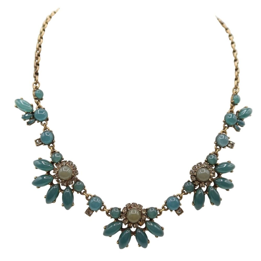J CREW Dark Teal Antiqued Gold Tone Rhinestone Statement Necklace Navette Ornate